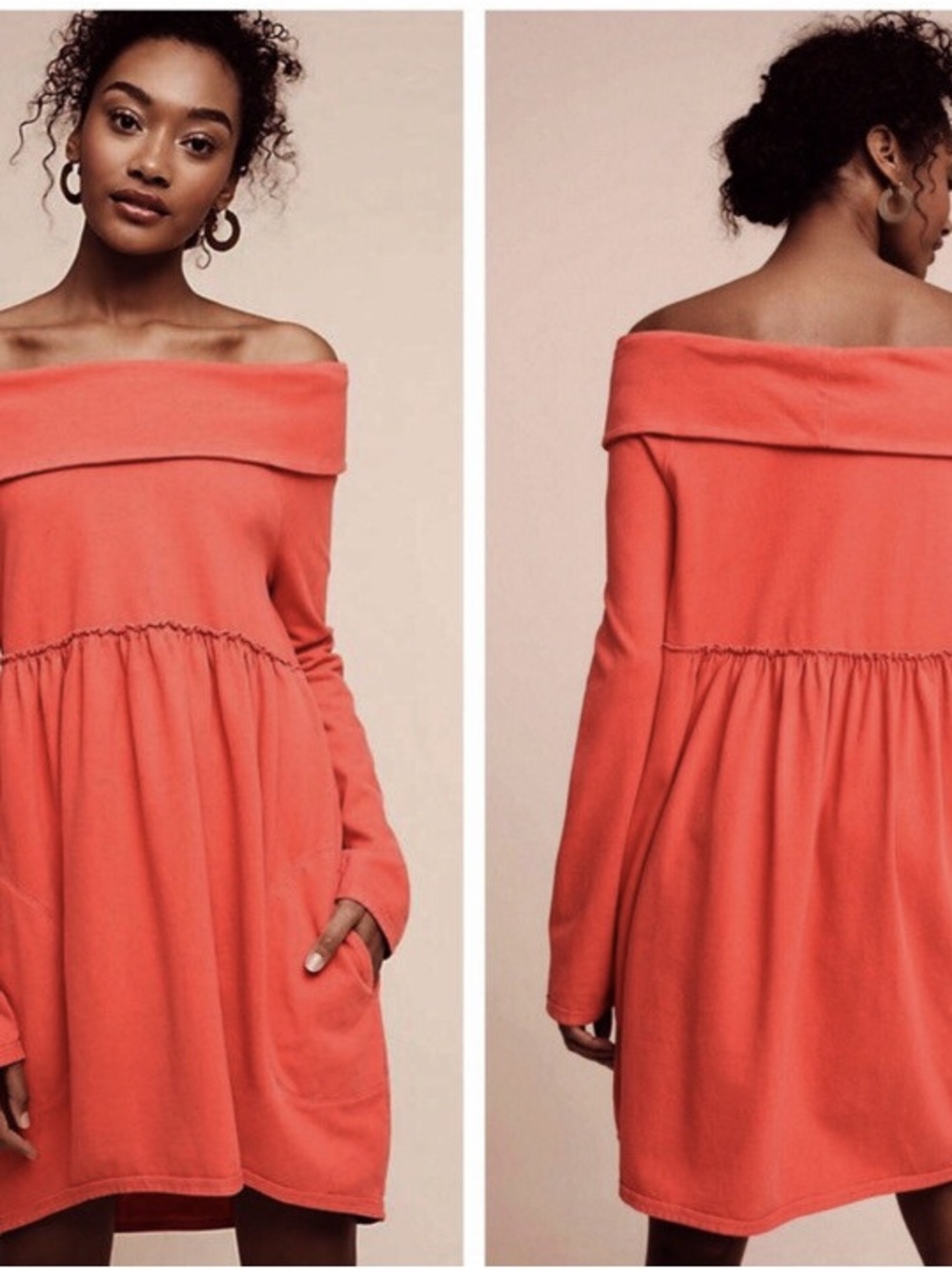 Anthropologie Saturday Sunday Dress Coral Off Shoulder Cocoon Pockets